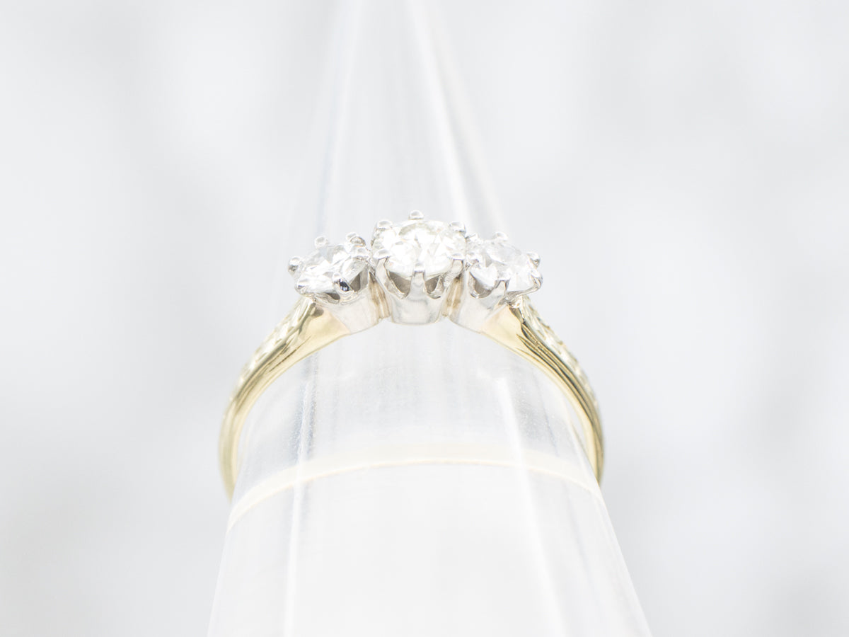 Old Mine Cut Diamond Three Stone Antique Engagement Ring
