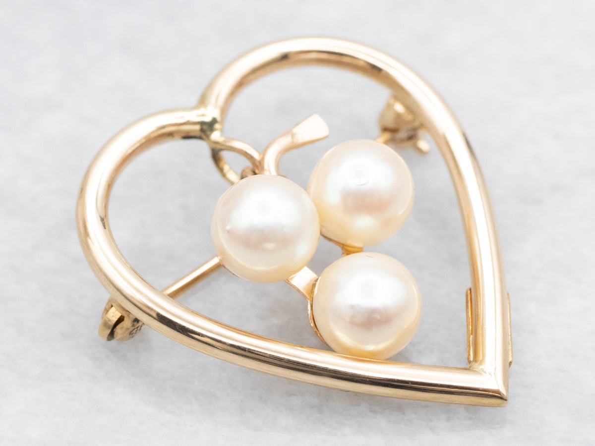 Golden Heart Brooch with Three Swinging Pearls
