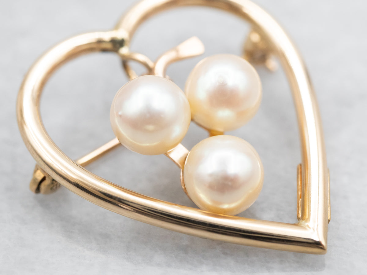 Golden Heart Brooch with Three Swinging Pearls
