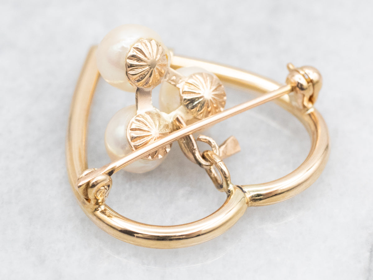 Golden Heart Brooch with Three Swinging Pearls