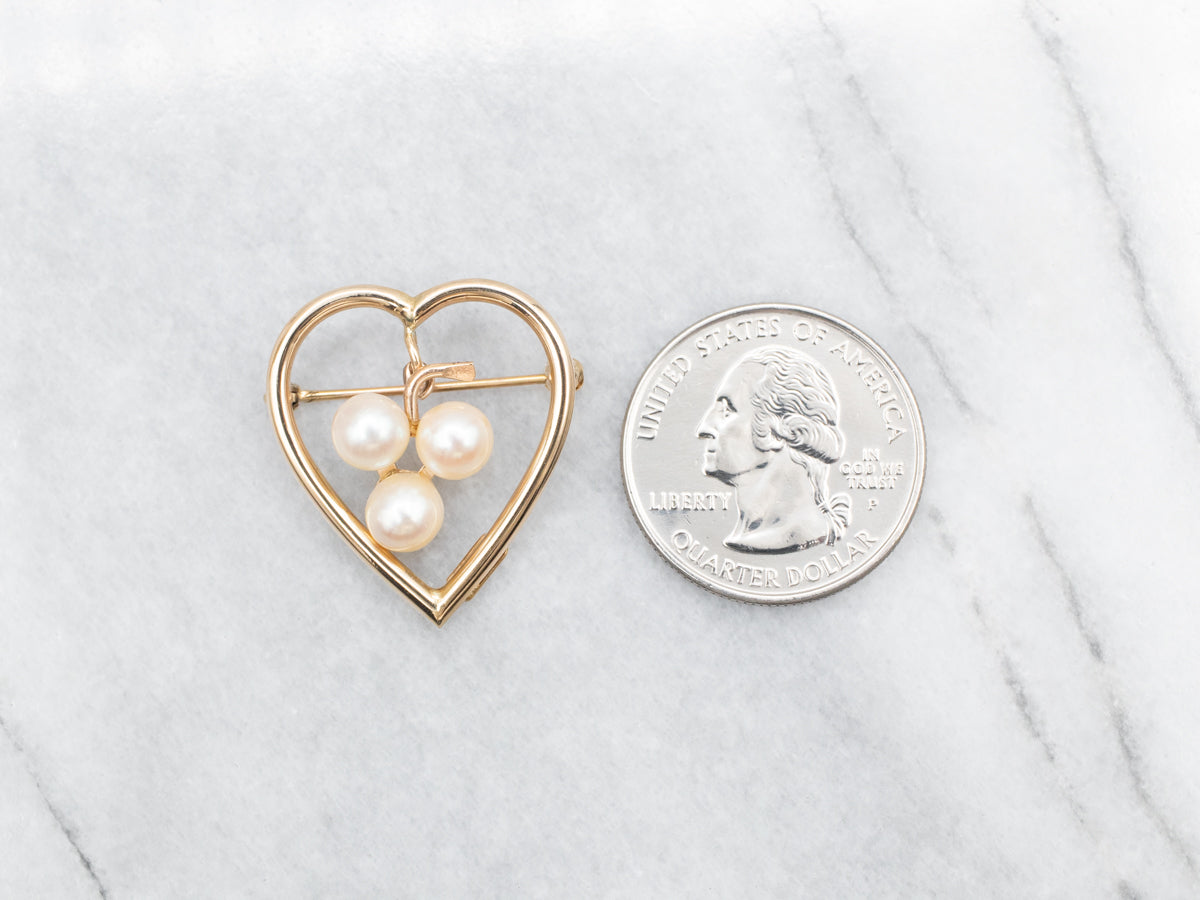 Golden Heart Brooch with Three Swinging Pearls