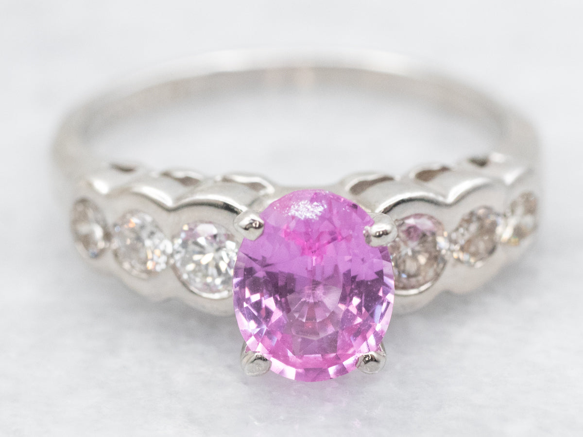 Modern Platinum Pink Sapphire and Diamond Ring