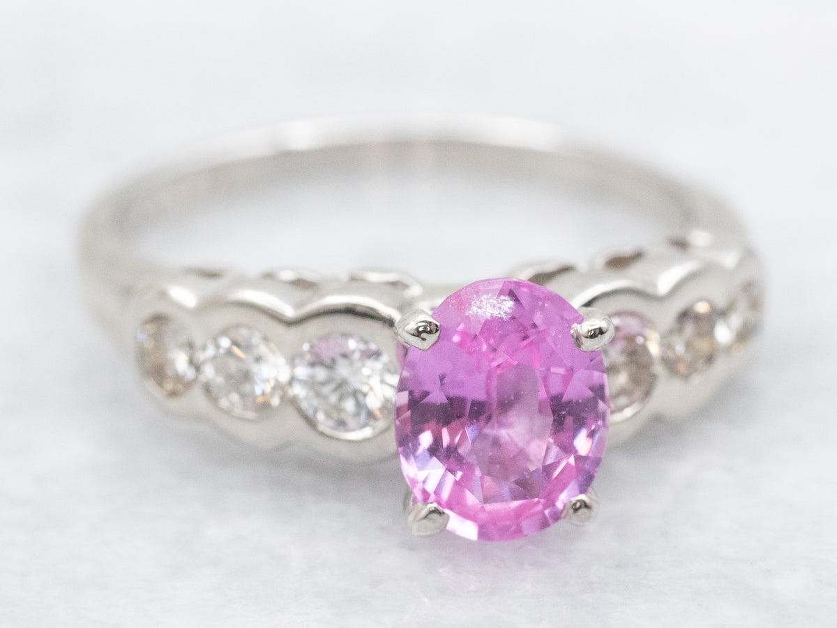 Modern Platinum Pink Sapphire and Diamond Ring