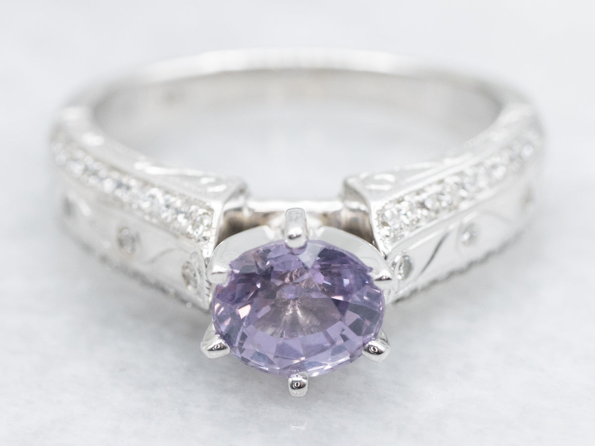 Modern Purple Spinel and Diamond Ring with Wavy Patterned