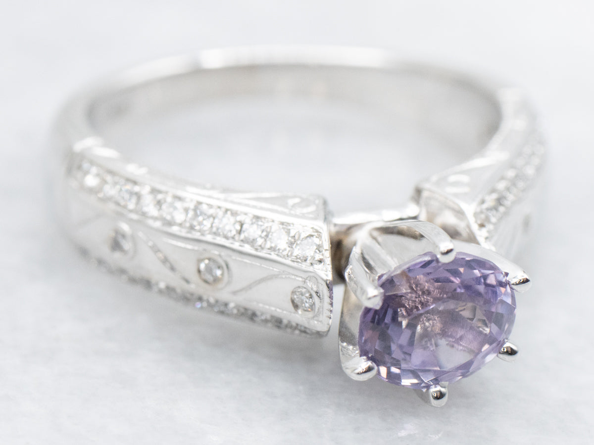 Modern Purple Spinel and Diamond Ring with Wavy Patterned