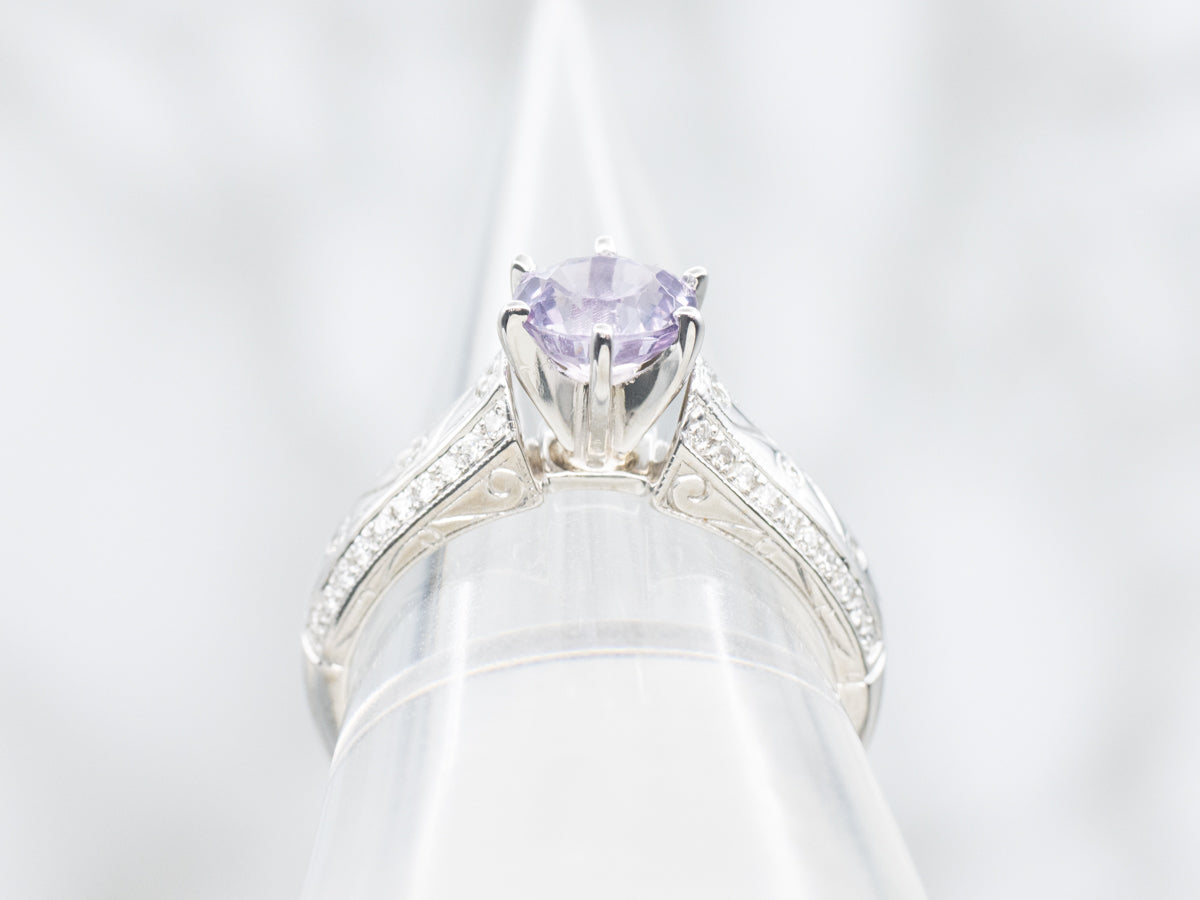 Modern Purple Spinel and Diamond Ring with Wavy Patterned