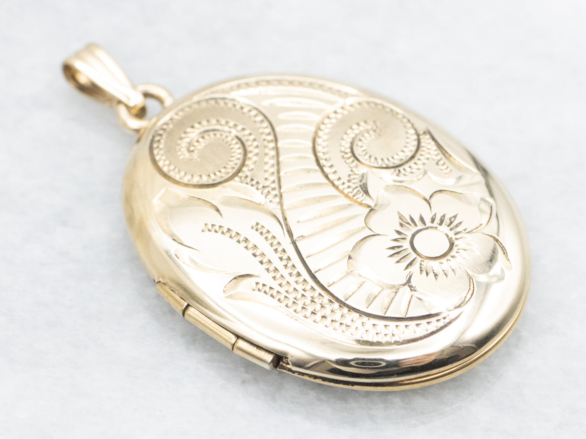 Large Gold Oval Locket with Floral Motifs