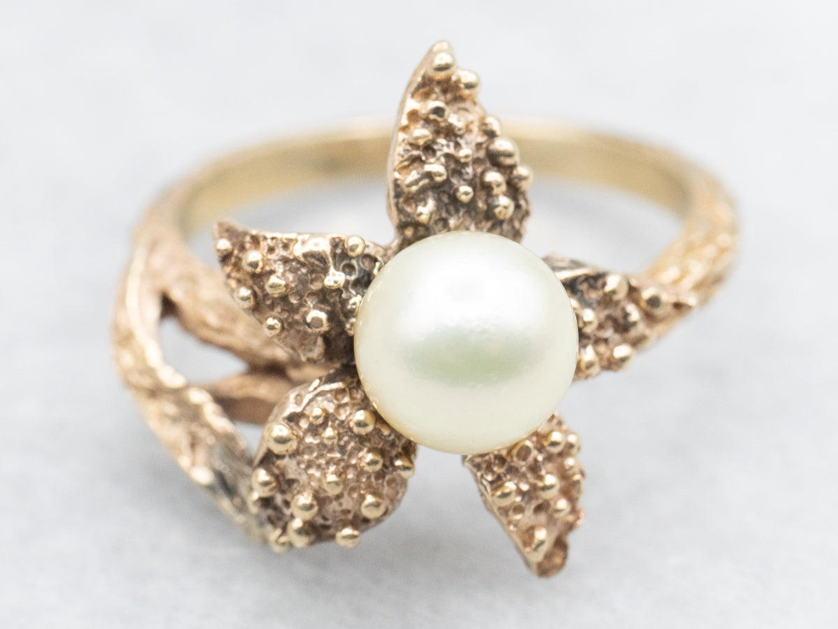 Textured Gold Pearl Flower Ring