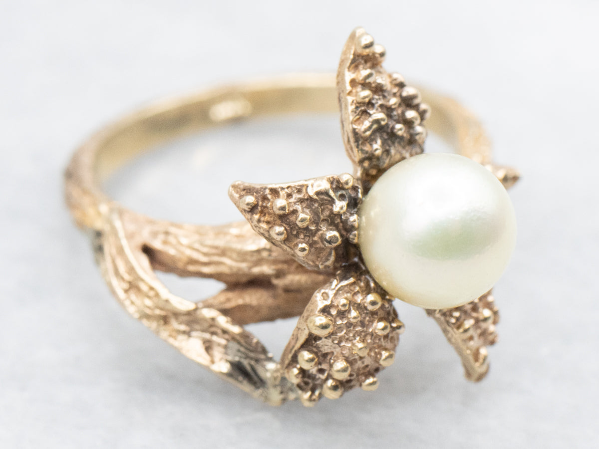 Textured Gold Pearl Flower Ring