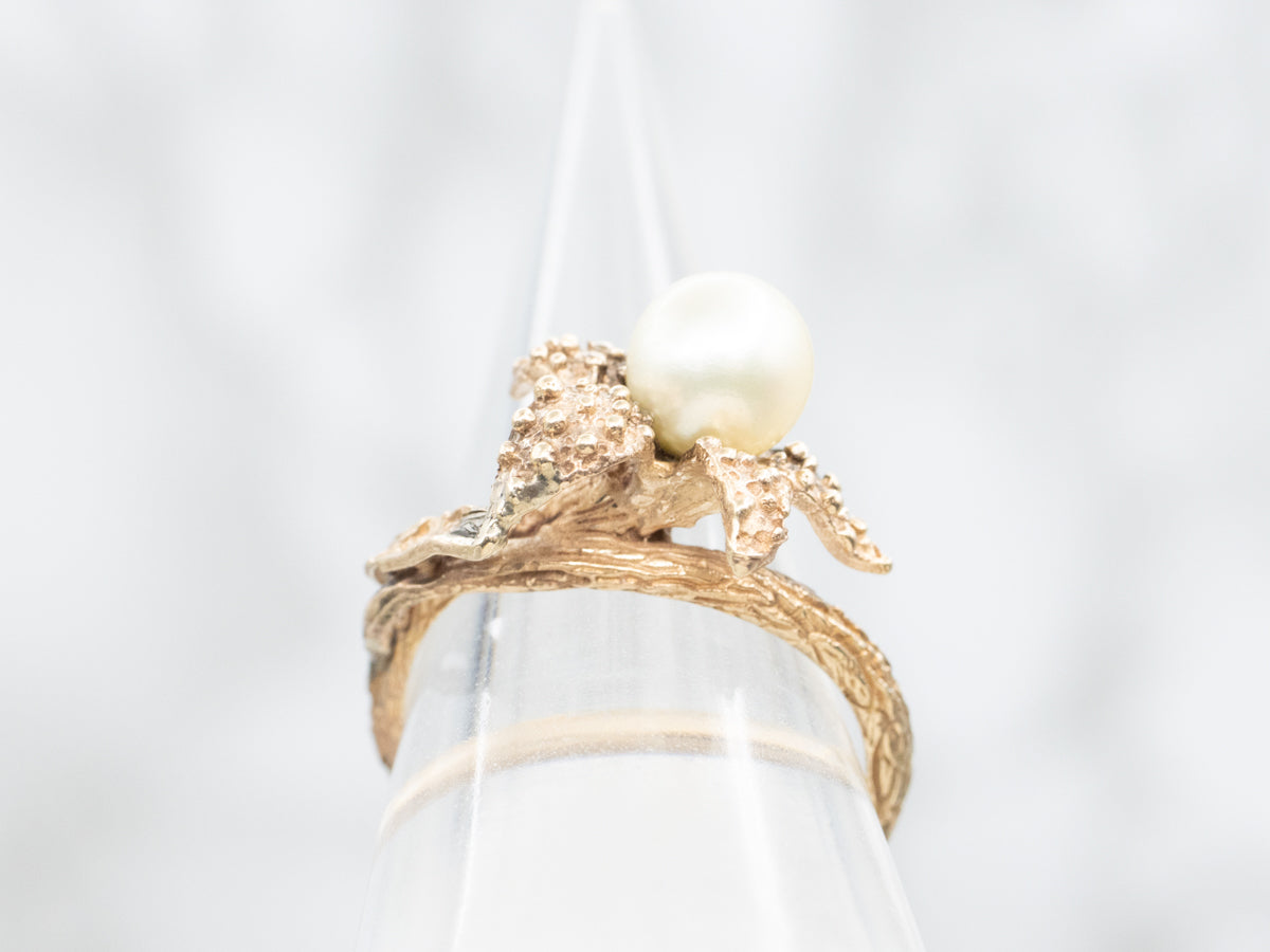 Textured Gold Pearl Flower Ring