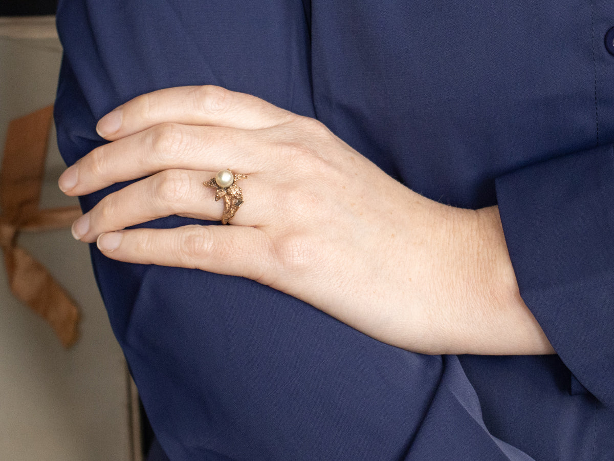 Textured Gold Pearl Flower Ring