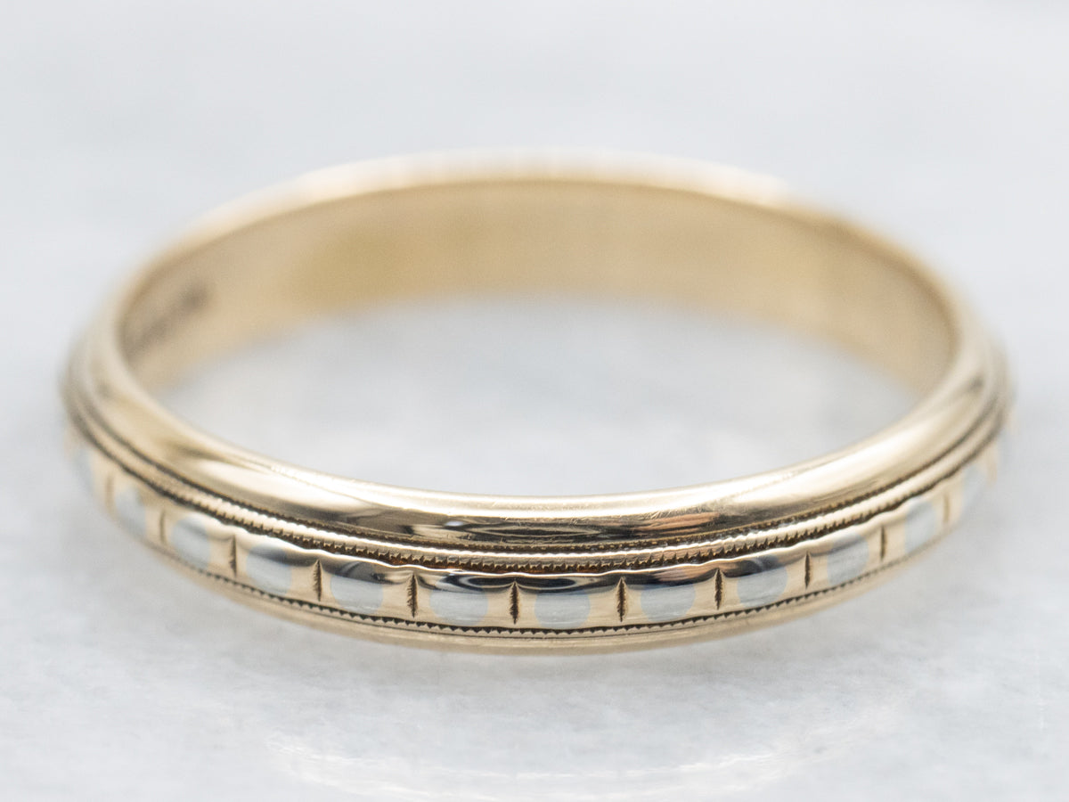 Two Tone Gold Lined Patterned Band with Milgrain Edge