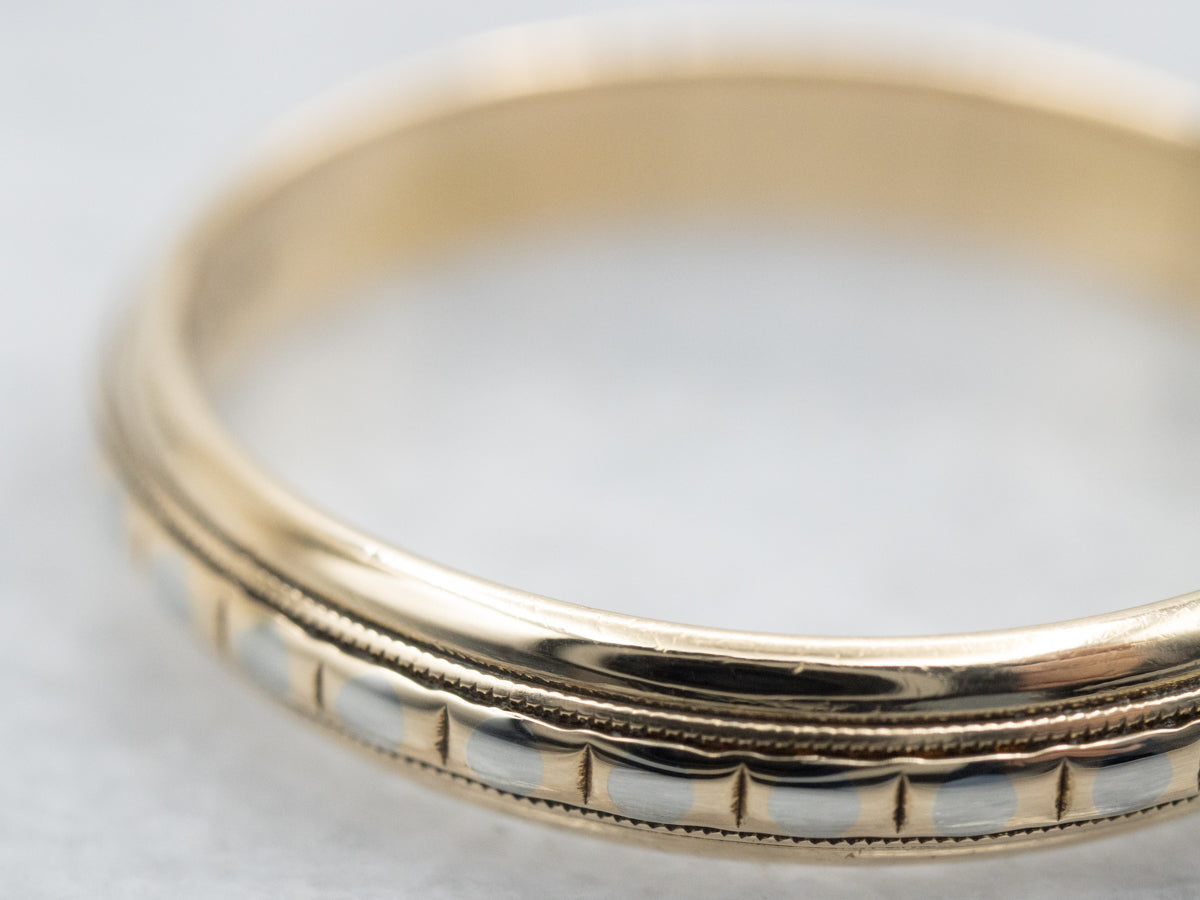 Two Tone Gold Lined Patterned Band with Milgrain Edge