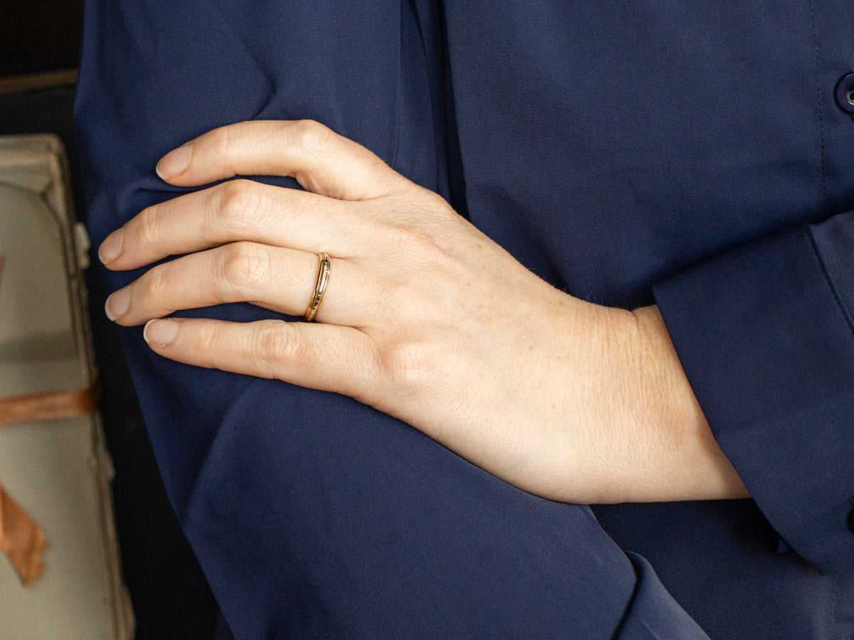 Two Tone Gold Lined Patterned Band with Milgrain Edge