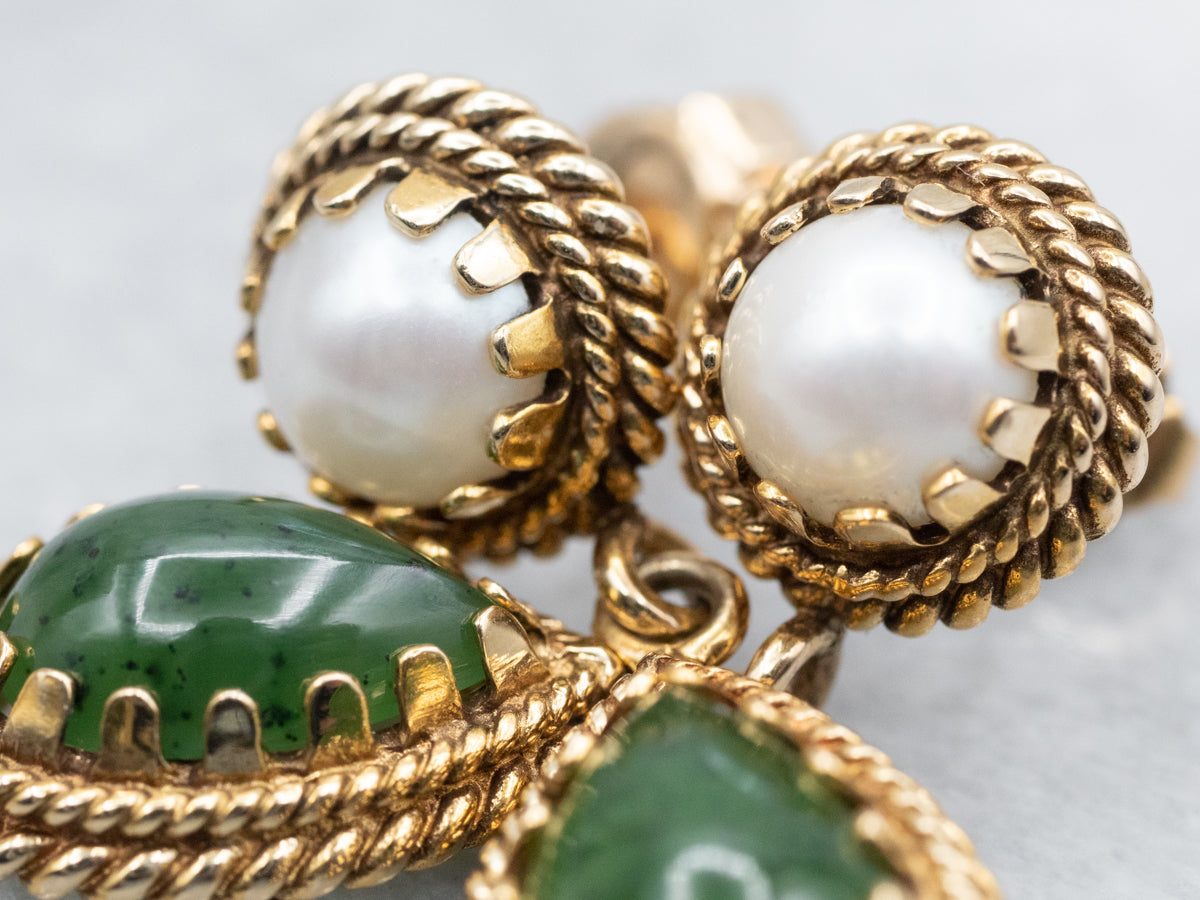 Sophisticated Nephrite Jade and Fine Pearl Drop Earrings