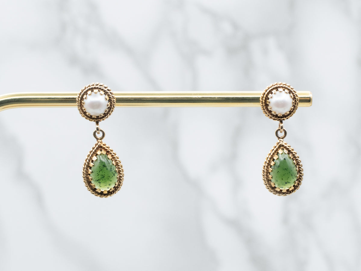 Sophisticated Nephrite Jade and Fine Pearl Drop Earrings