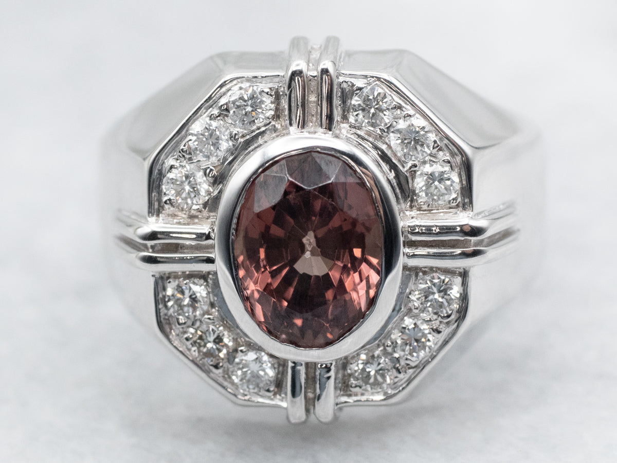 Men's Peach Garnet and Diamond Statement Ring