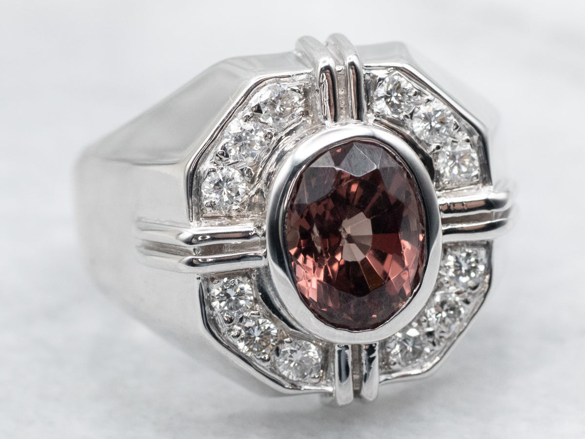 Men's Peach Garnet and Diamond Statement Ring