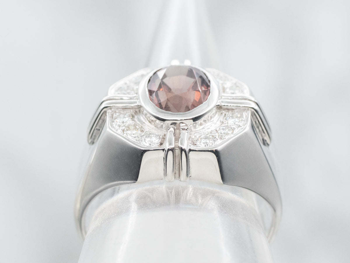 Men's Peach Garnet and Diamond Statement Ring