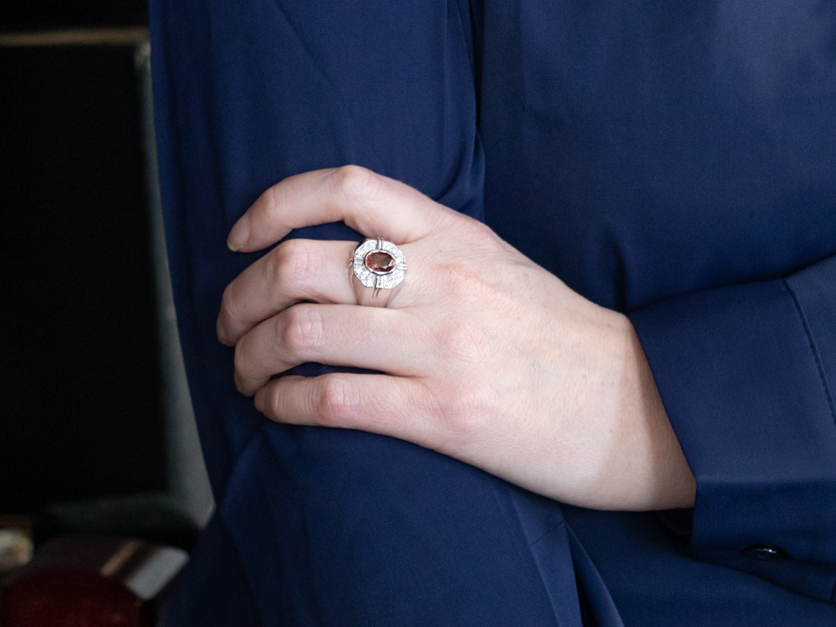 Men's Peach Garnet and Diamond Statement Ring
