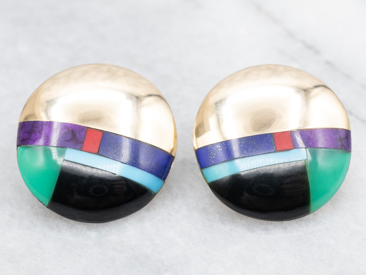 Stunning Domed Gold and Gemstone Intarsia Stud Earrings
