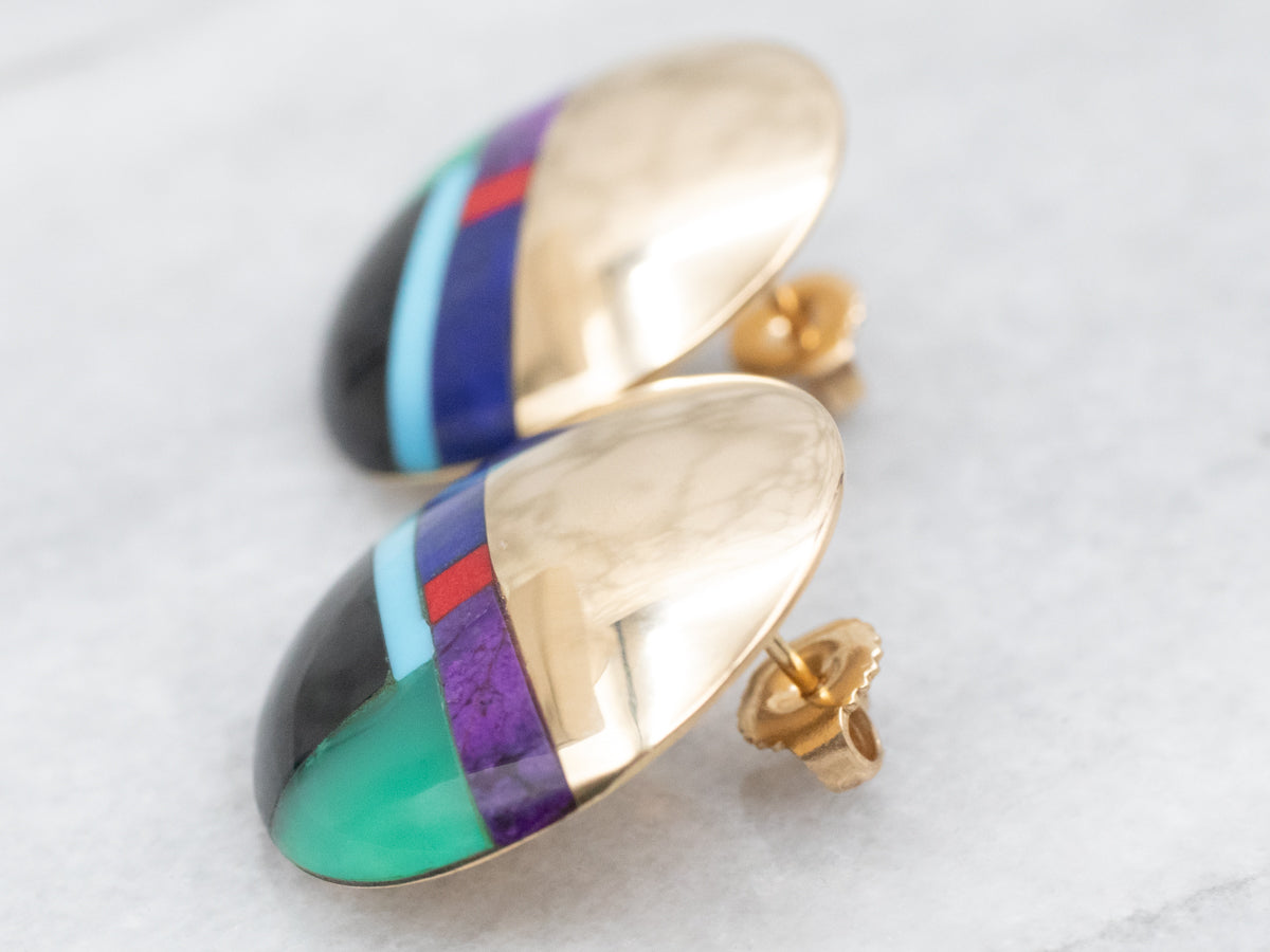 Stunning Domed Gold and Gemstone Intarsia Stud Earrings