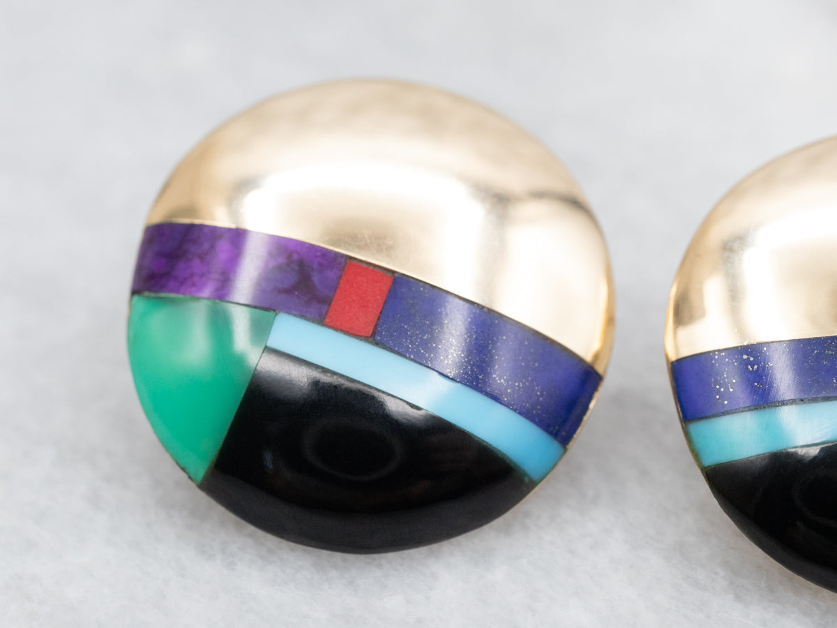 Stunning Domed Gold and Gemstone Intarsia Stud Earrings