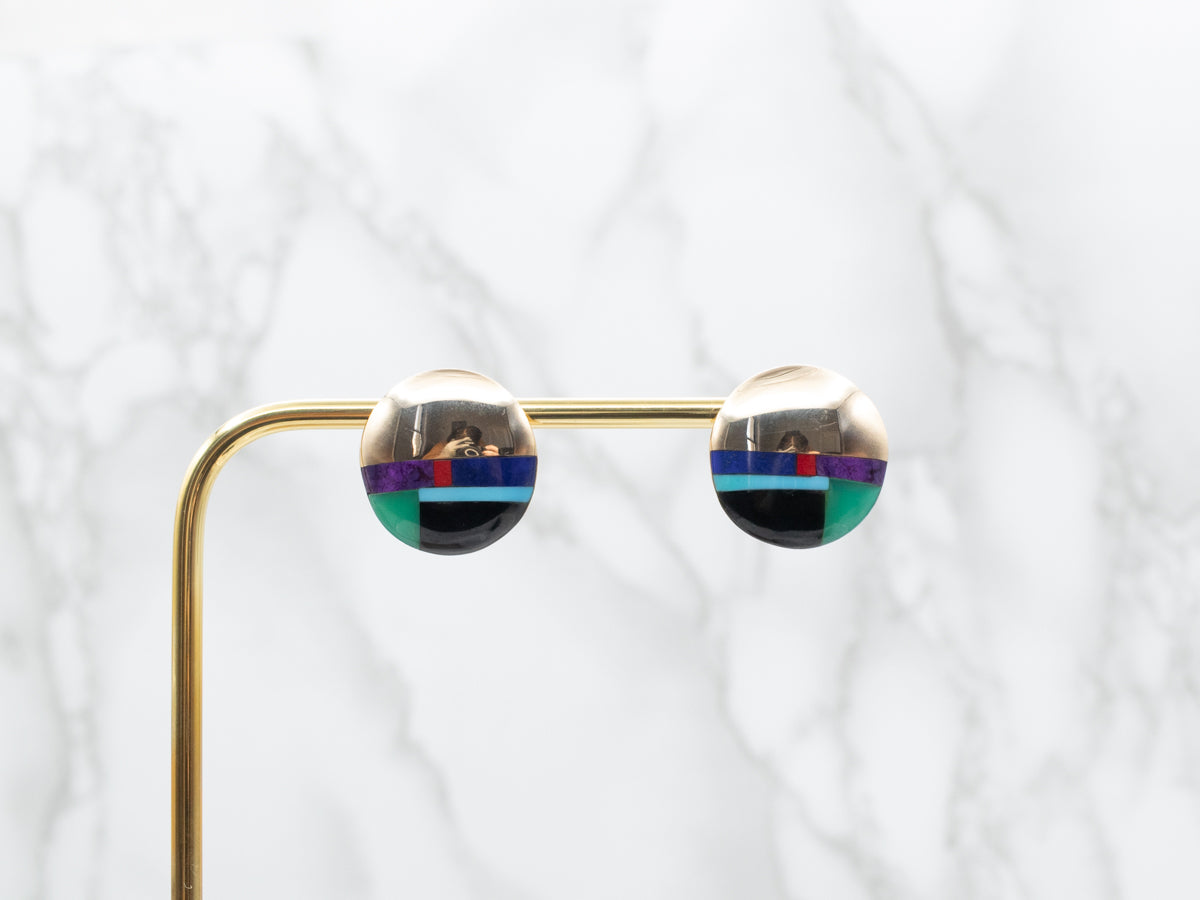 Stunning Domed Gold and Gemstone Intarsia Stud Earrings