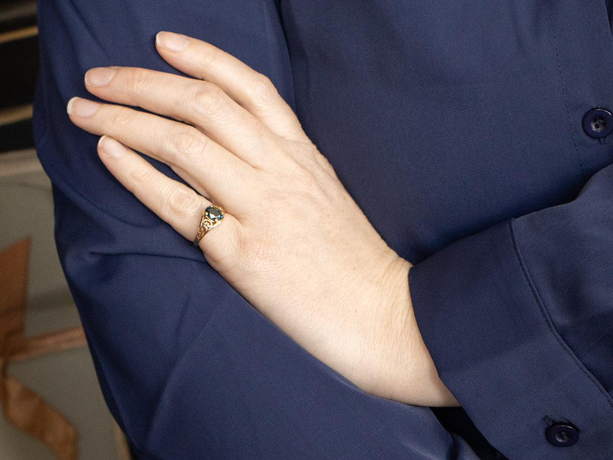 Blue-Green Sapphire Solitaire in Gold Filigree Setting