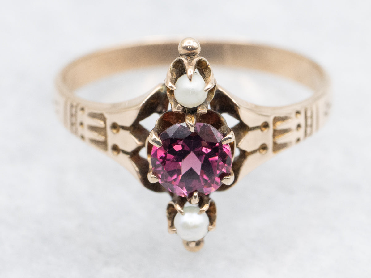 Victorian Era Rhodolite Garnet and Seed Pearl Dinner Ring