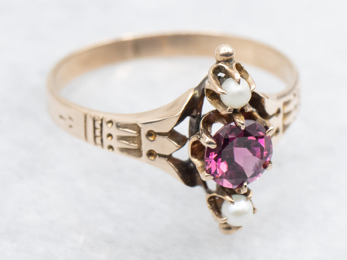 Victorian Era Rhodolite Garnet and Seed Pearl Dinner Ring