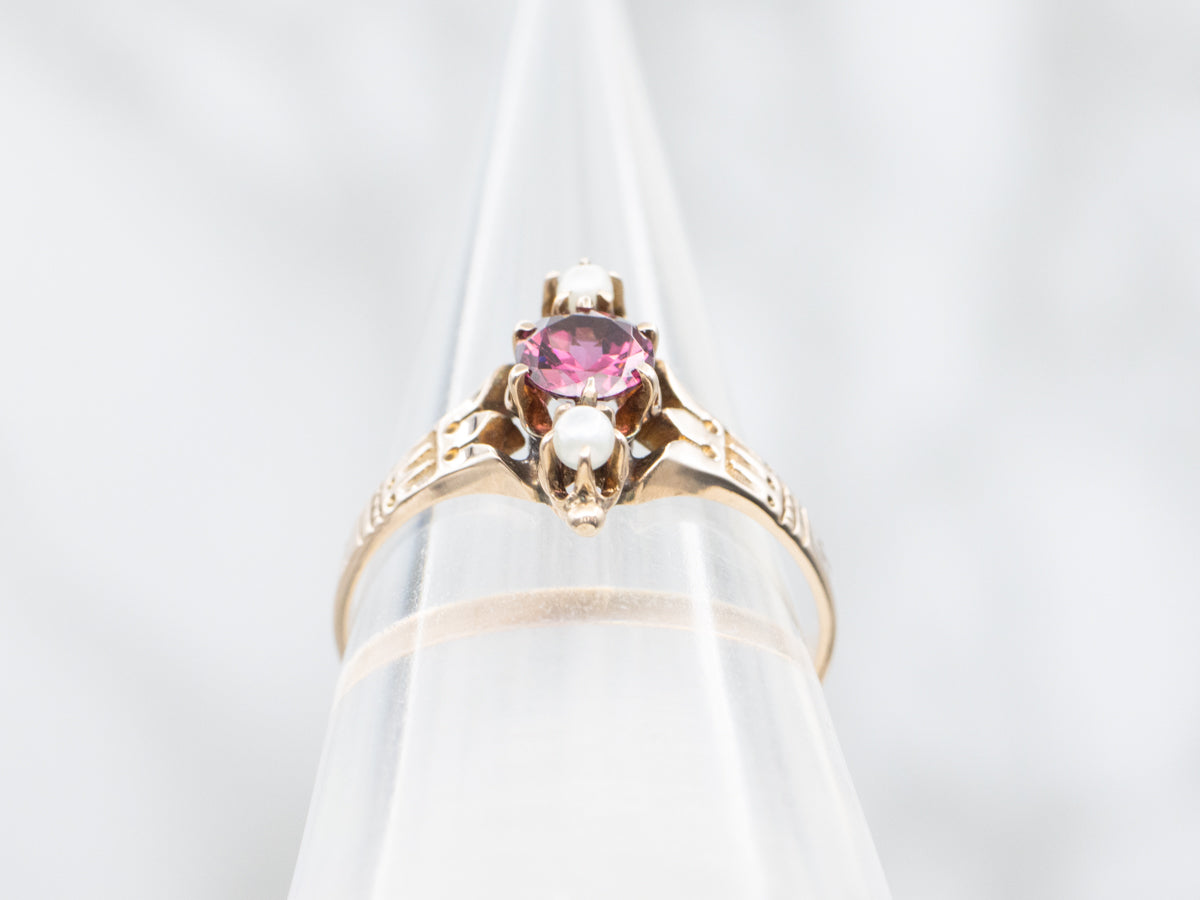 Victorian Era Rhodolite Garnet and Seed Pearl Dinner Ring