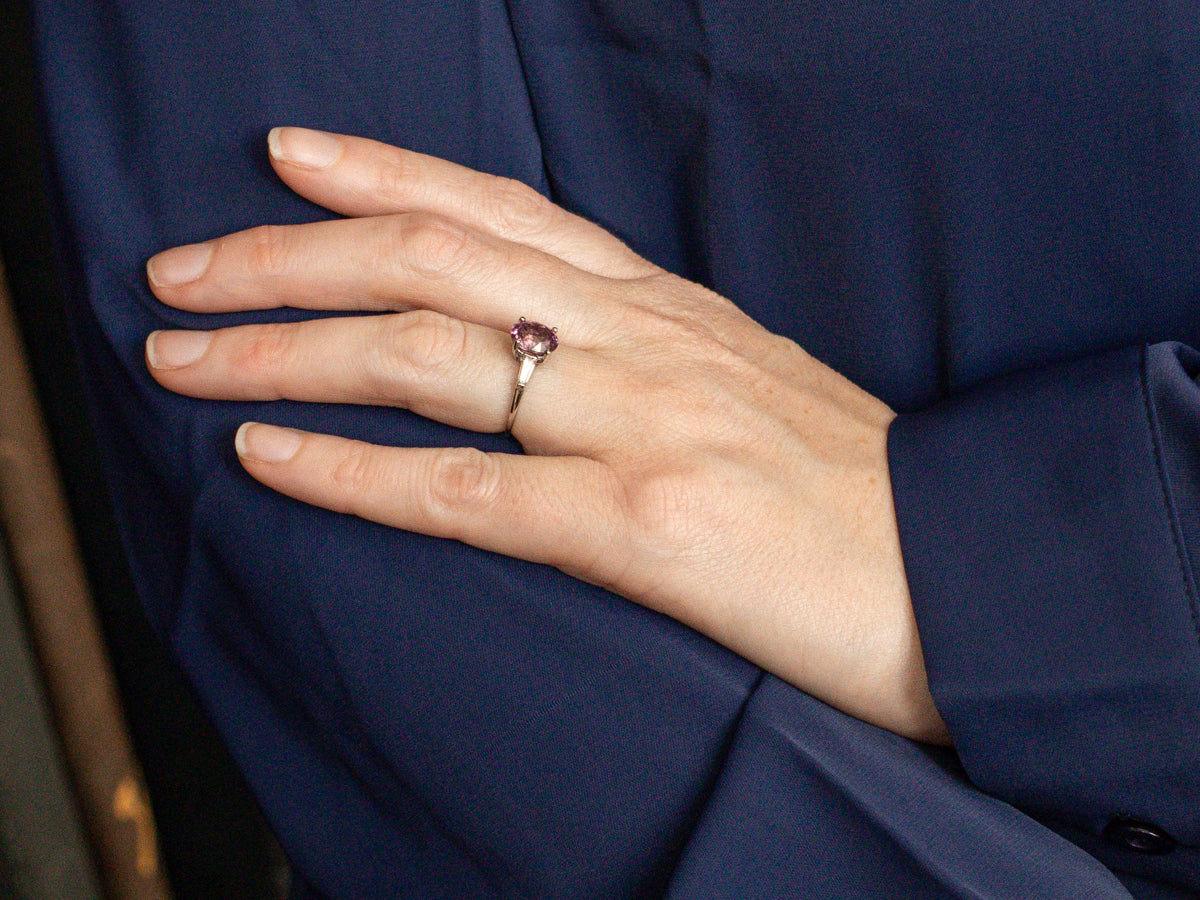 Platinum 1940s Pink Sapphire and Diamond Engagement Ring