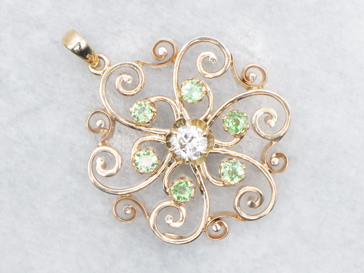 Scrolling Gold Diamond and Green Tourmaline Pendant