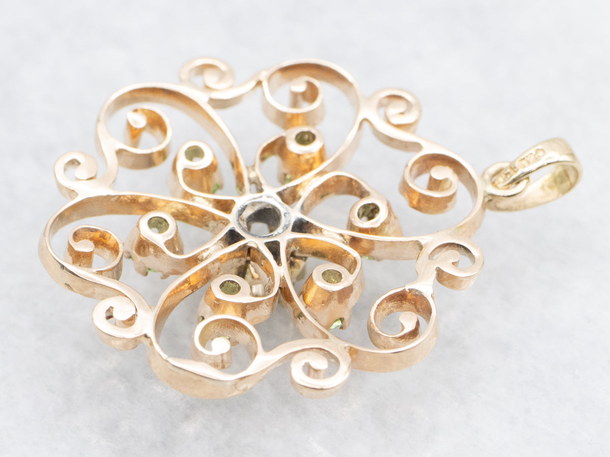 Scrolling Gold Diamond and Green Tourmaline Pendant