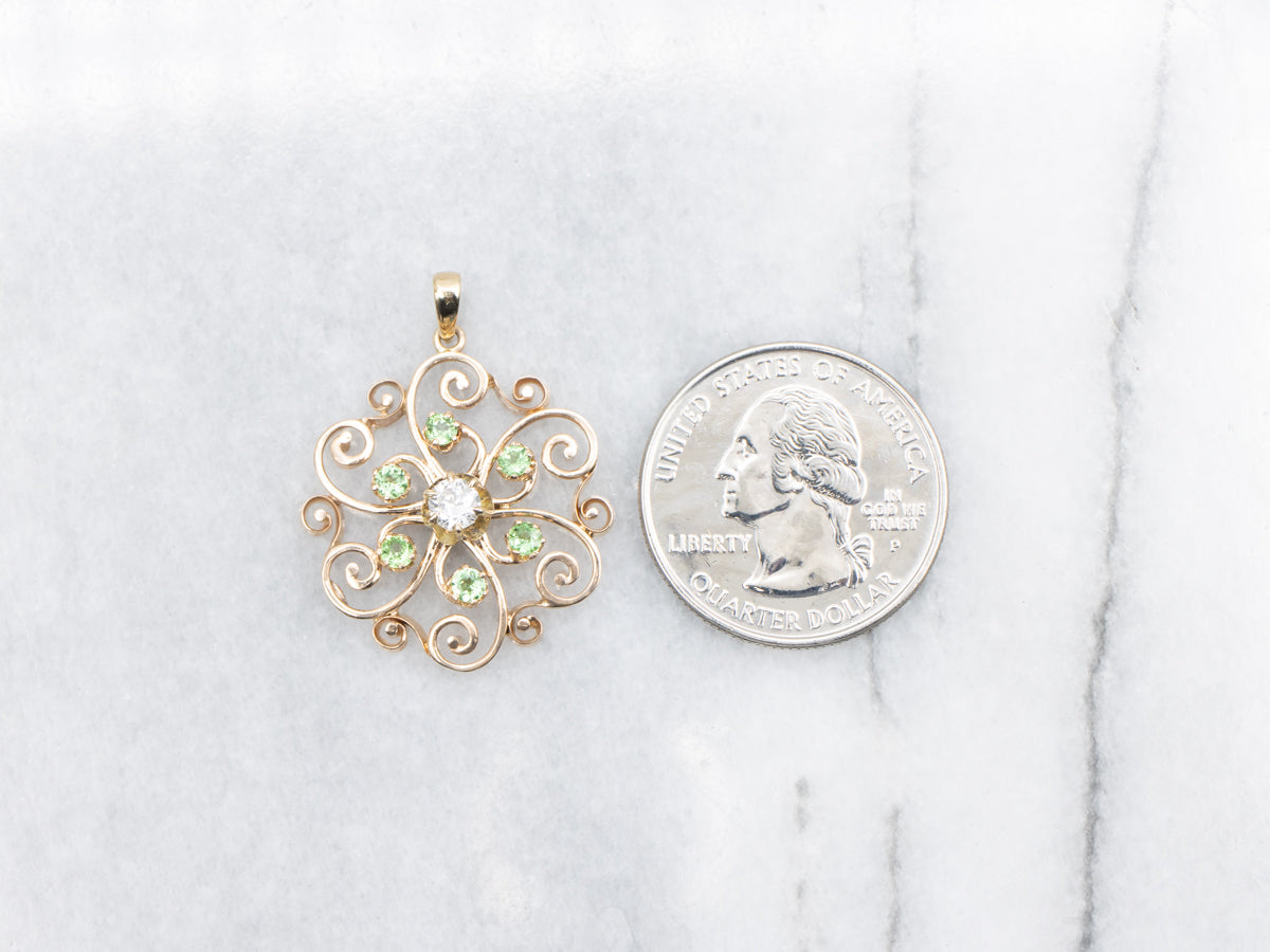 Scrolling Gold Diamond and Green Tourmaline Pendant