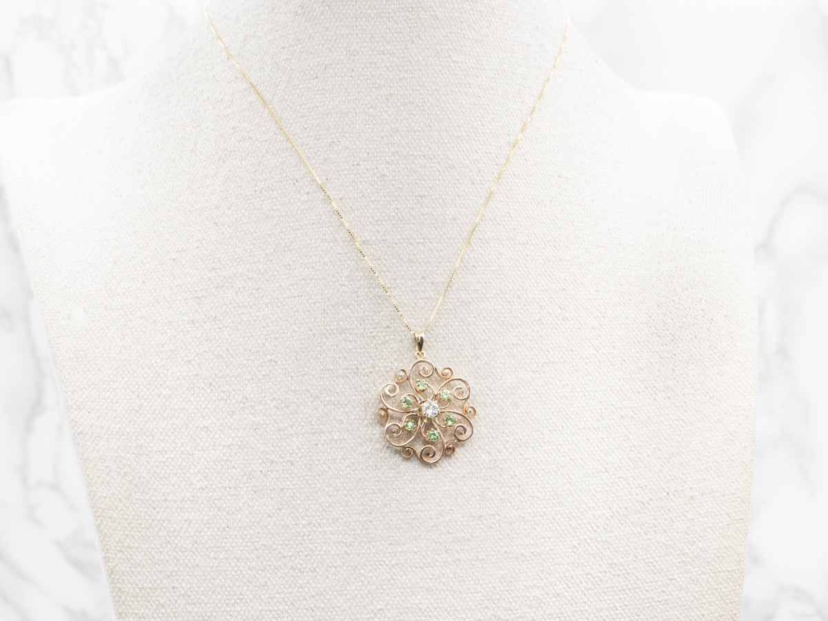 Scrolling Gold Diamond and Green Tourmaline Pendant