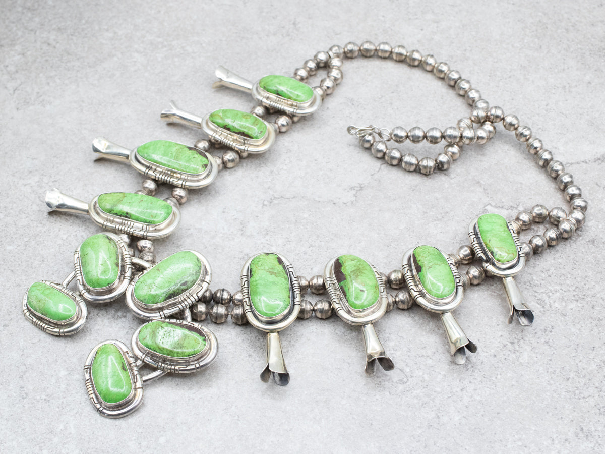 Sterling Silver Green Turquoise Squash Blossom Silver Necklace