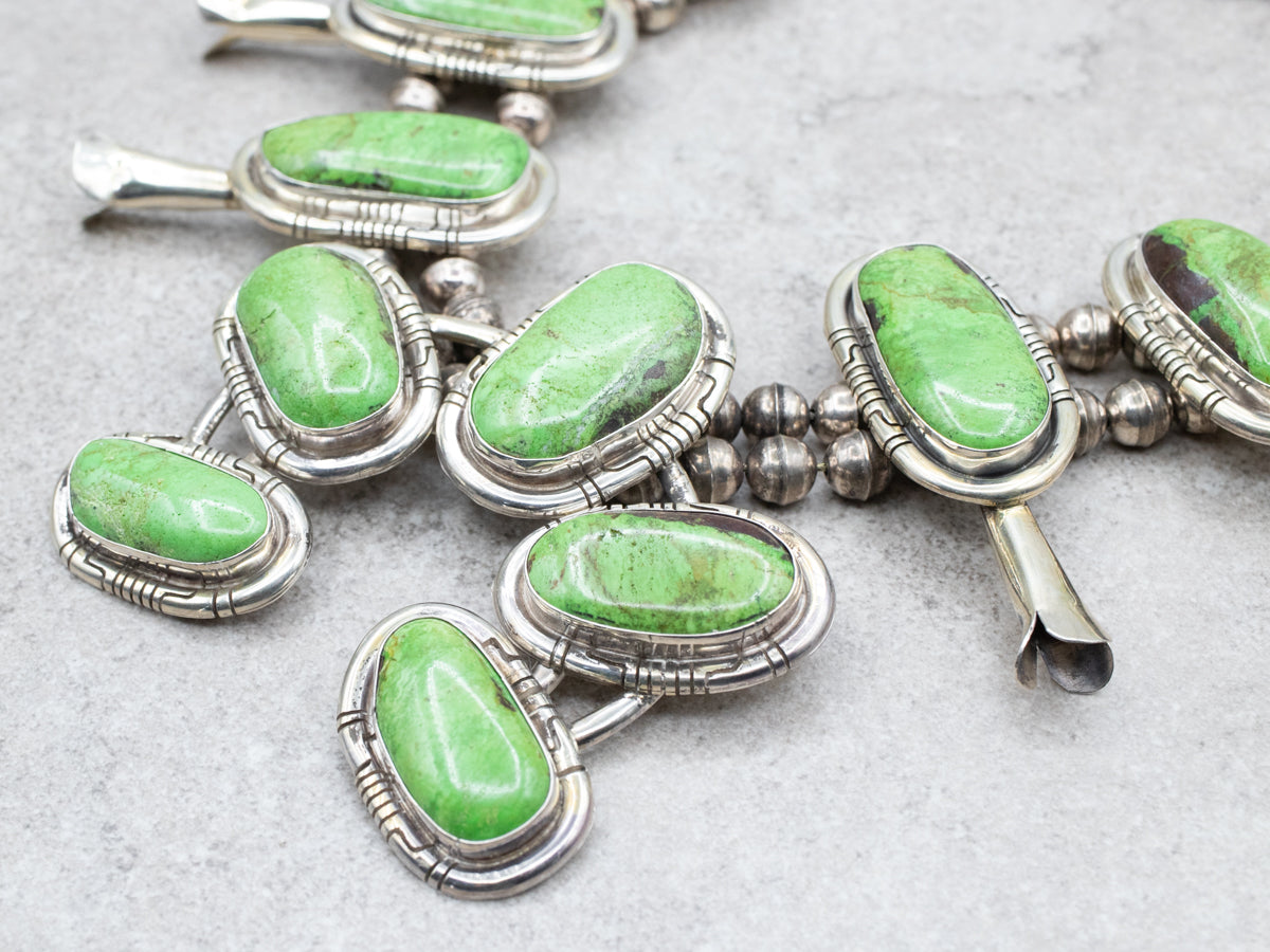 Sterling Silver Green Turquoise Squash Blossom Silver Necklace