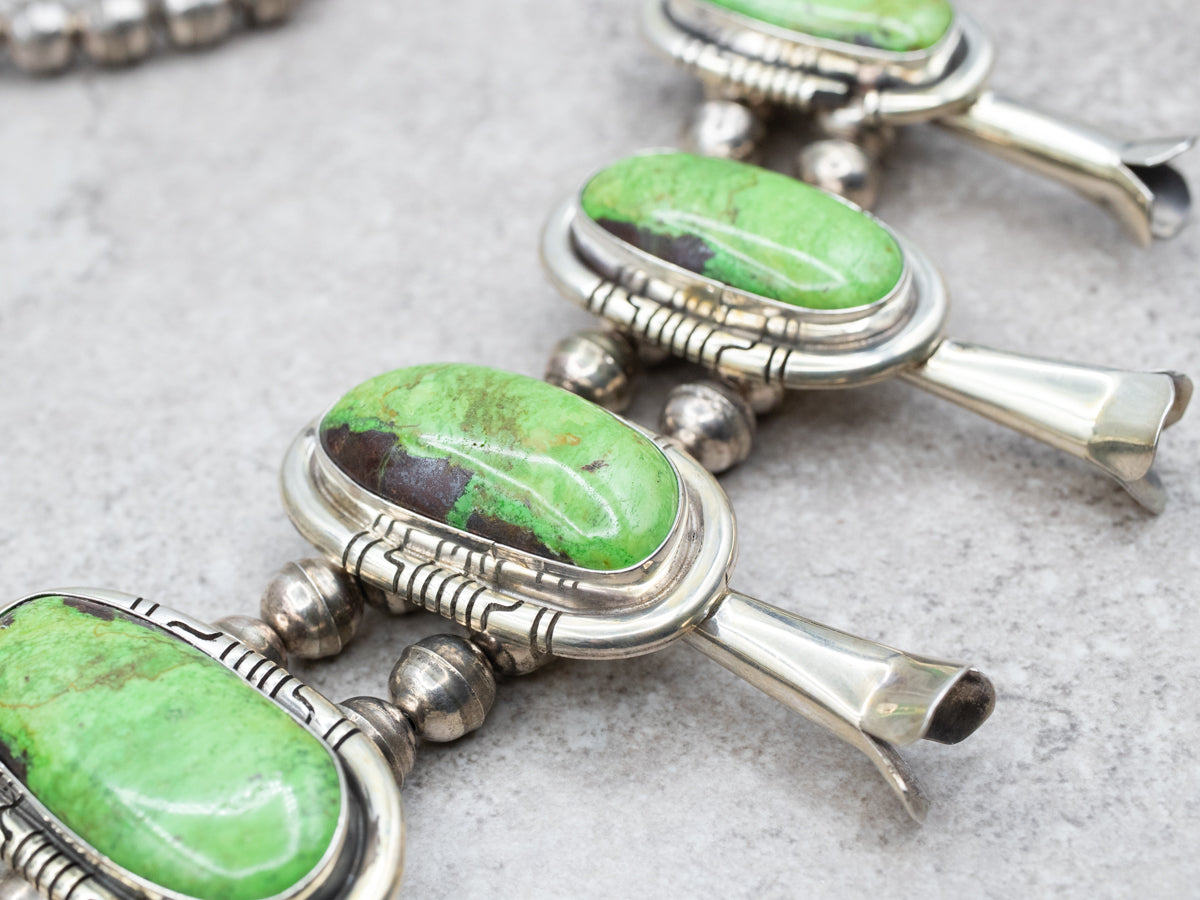 Sterling Silver Green Turquoise Squash Blossom Silver Necklace