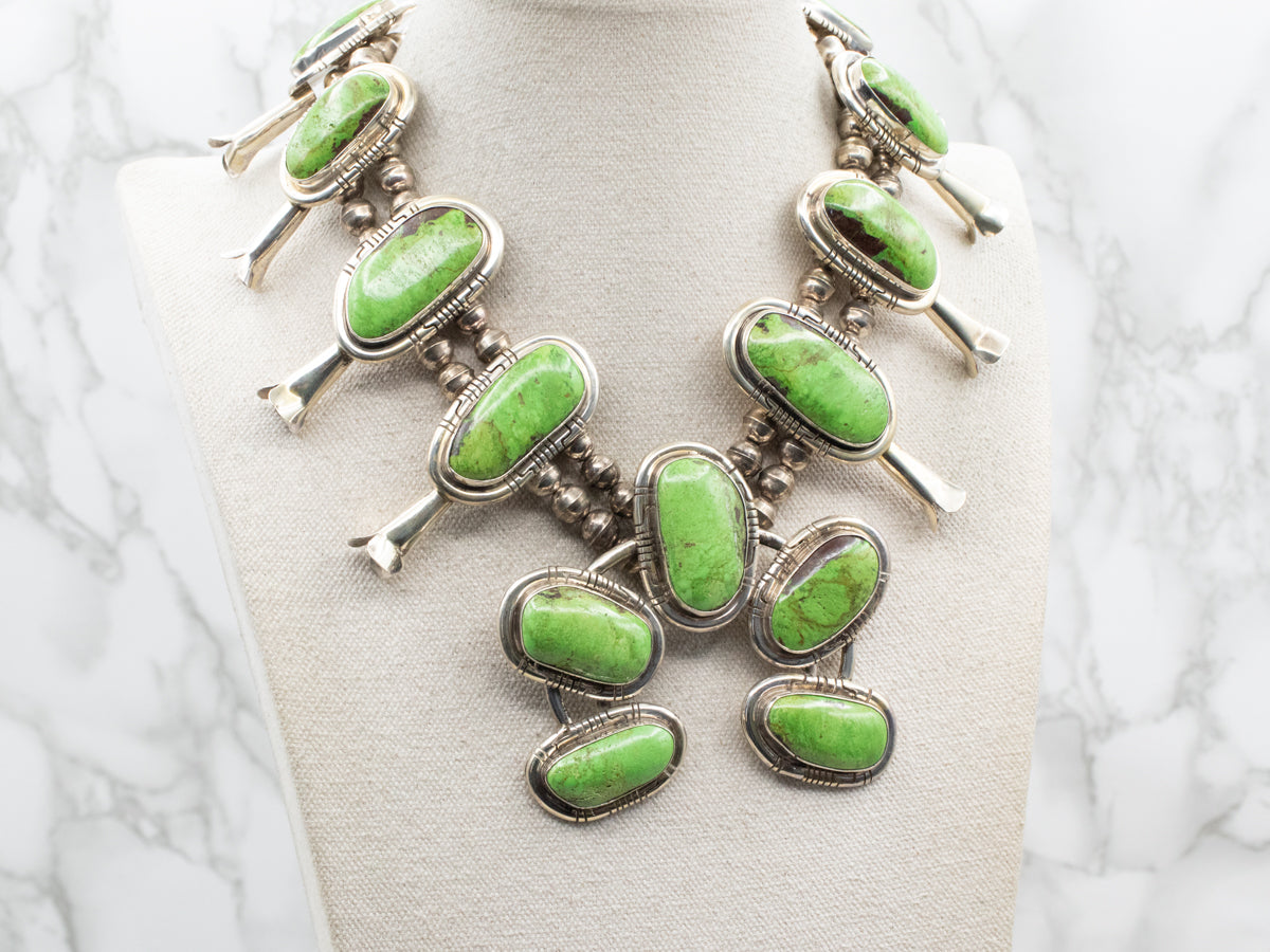 Sterling Silver Green Turquoise Squash Blossom Silver Necklace