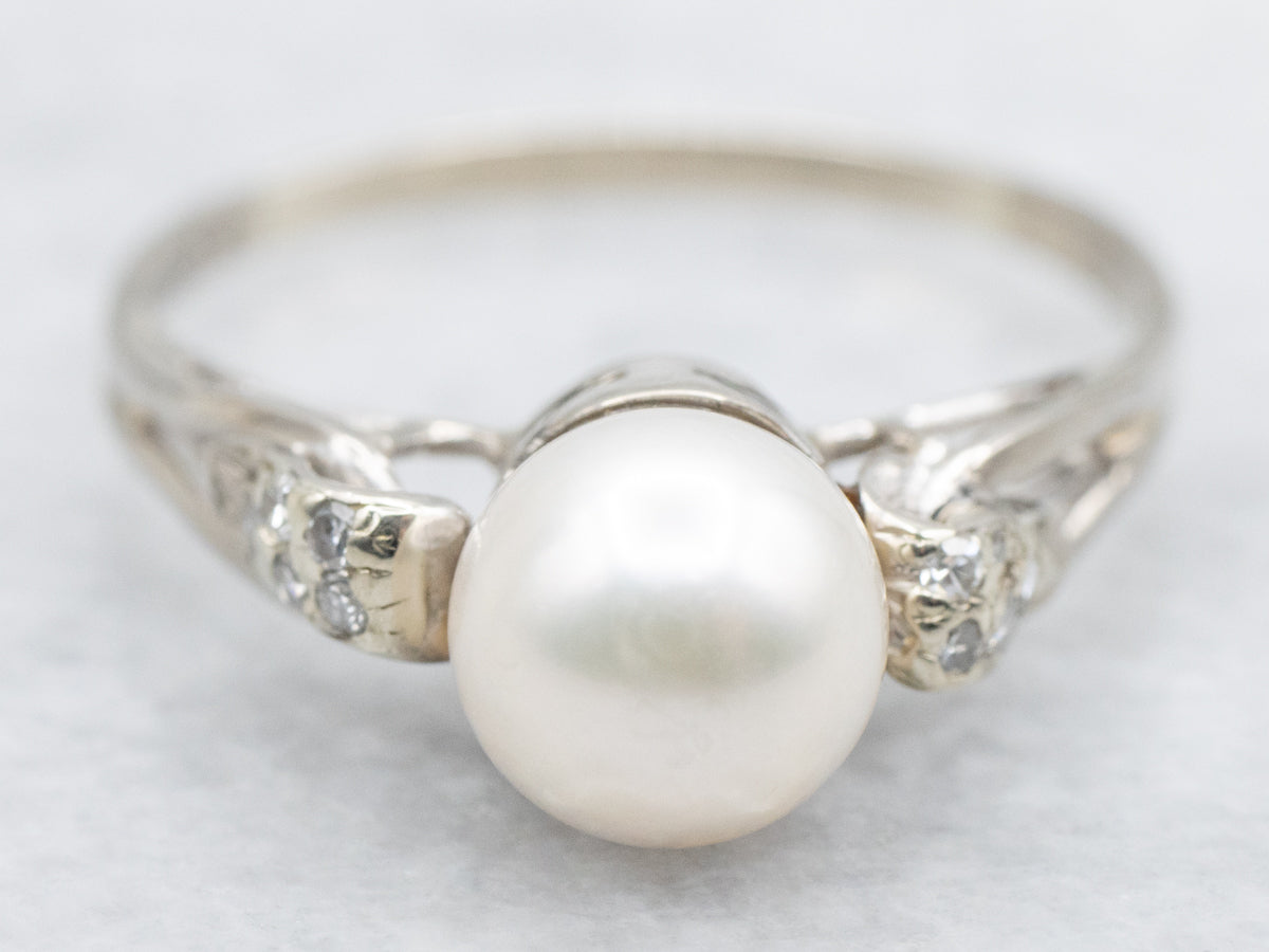 Vintage White Pearl and Diamond Ring