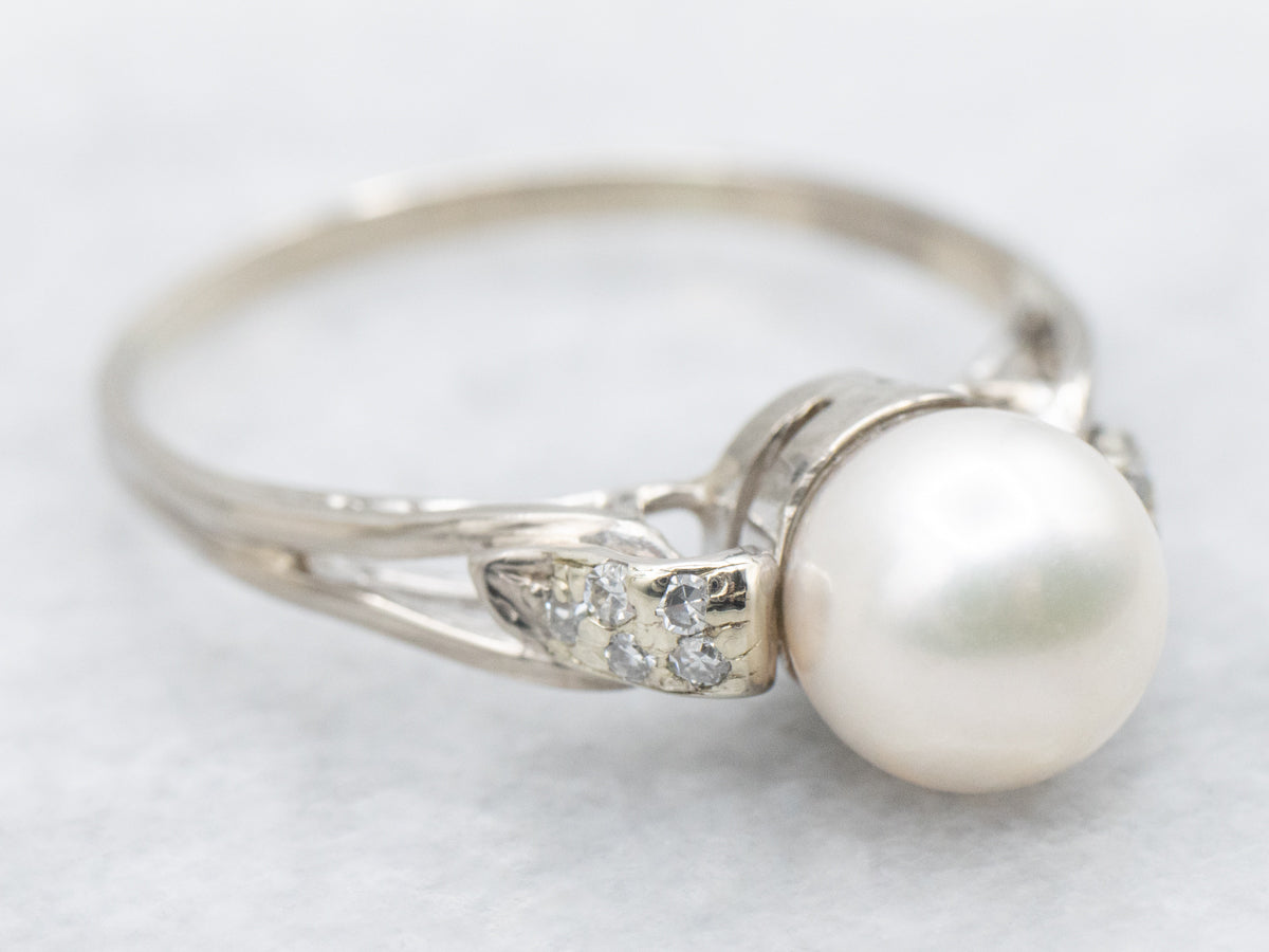 Vintage White Pearl and Diamond Ring