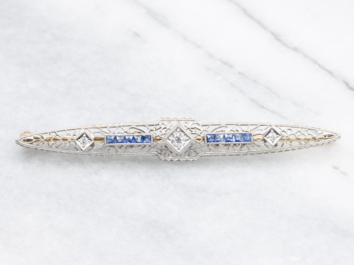 Art Deco Old Mine Cut Diamond and Sapphire Filigree Bar Pin