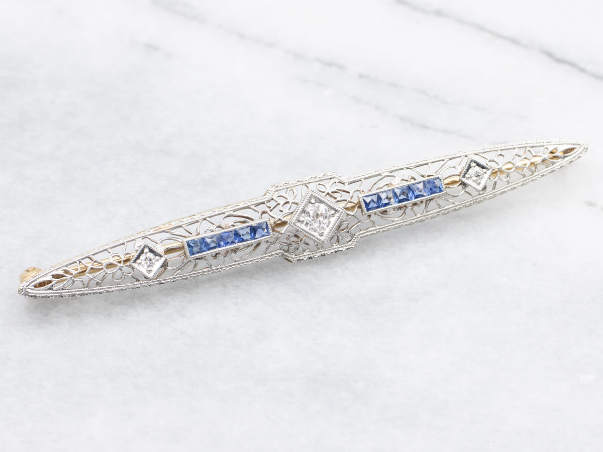 Art Deco Old Mine Cut Diamond and Sapphire Filigree Bar Pin