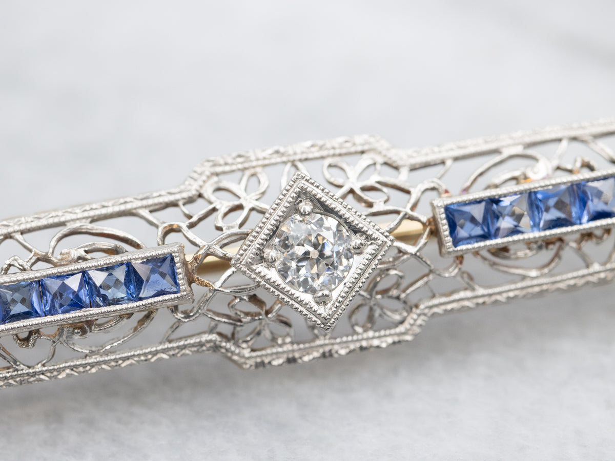 Art Deco Old Mine Cut Diamond and Sapphire Filigree Bar Pin