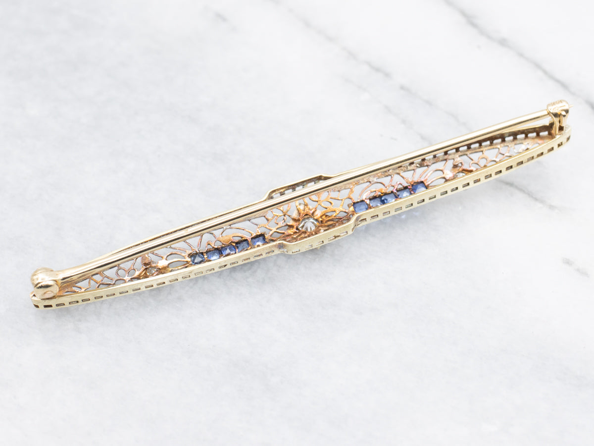 Art Deco Old Mine Cut Diamond and Sapphire Filigree Bar Pin