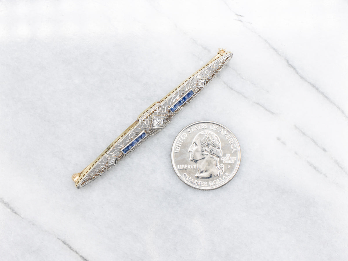 Art Deco Old Mine Cut Diamond and Sapphire Filigree Bar Pin