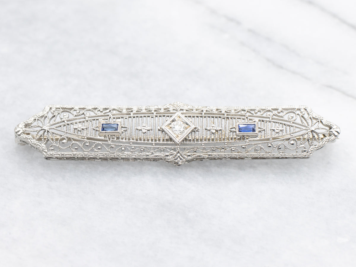 Art Deco European Cut Diamond and Sapphire Brooch
