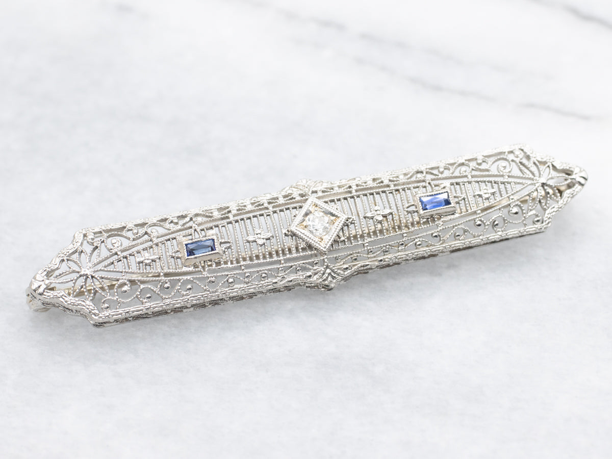 Art Deco European Cut Diamond and Sapphire Brooch